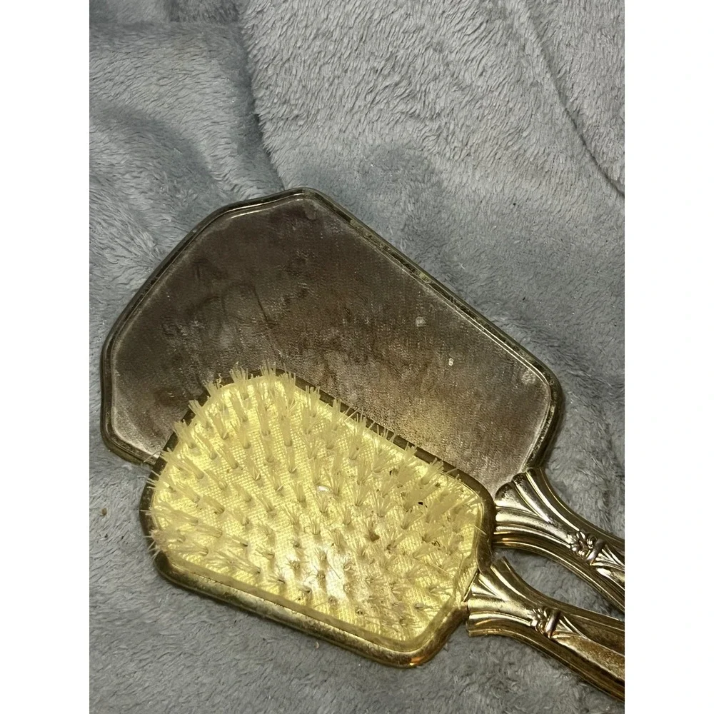Vintage Gold Vanity Mirror Hair Brush Set Floral Brocade‎ Design Dressing Set